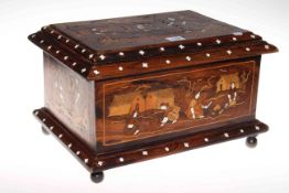 Inlaid marquetry box with velvet lining, 40cm by 23cm.