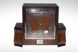 Art Deco oak mantel clock with striking movement BRITISH MADE, with key and pendulum, 22cm high.
