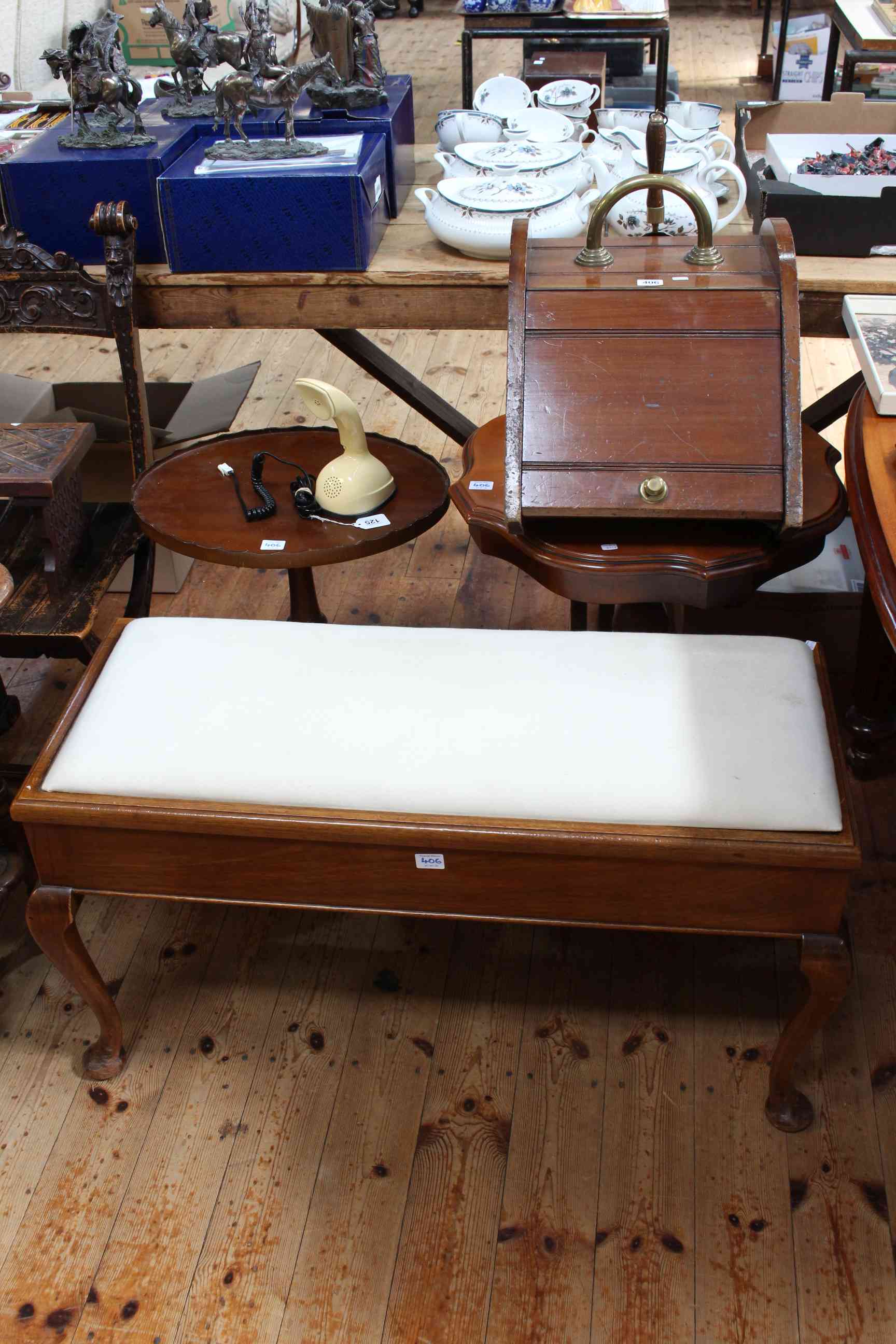 Cabriole leg duet stool, coal box and two tripod tables (4).