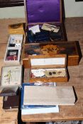 Collection of costume jewellery, treen boxes, coin presentation packs and loose coinage.