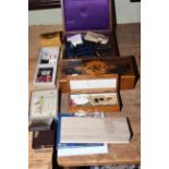 Collection of costume jewellery, treen boxes, coin presentation packs and loose coinage.