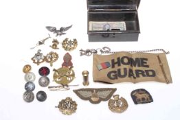 Tin with badges including Home Guard, etc.