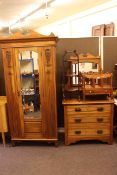 Art Nouveau satin walnut mirror door wardrobe and dressing table.