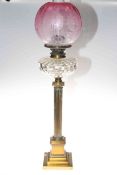 Victorian brass square reeded column oil lamp with a pink etched shade and a clear glass reservoir,