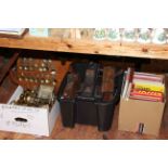 Three boxes of brass, wood plane tools and vintage football books.