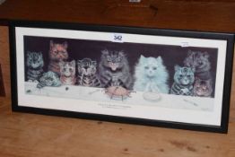 Louis Wain print and oak framed wall mirror.