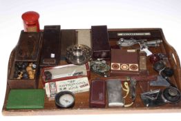 Tray lot of collectables including cold painted cat, silver bon bon, whistles, pipes, chess pieces,