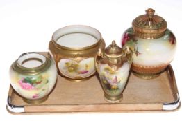 Three pieces of rose painted Royal Worcester and small vase with pheasants (4).