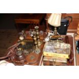Victorian brass kettle, candlesticks, table lamp, truncheon, inkstand, trench art piece, binoculars,