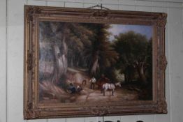 Modern large gilt framed oil on canvas depicting 19th Century Scene of Figures in Woodland,