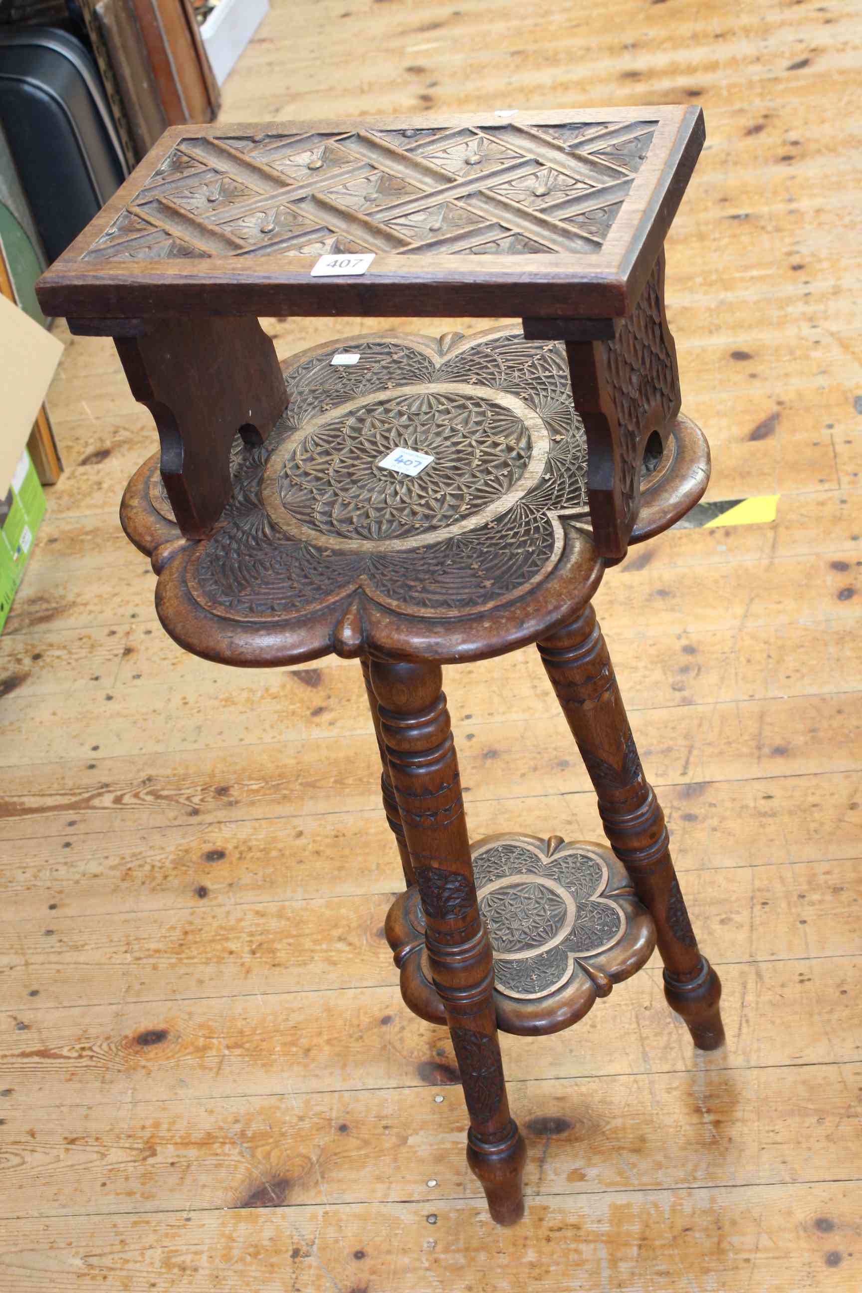 Carved hardwood three legged occasional table, Victorian carved side chair and carved stool (3). - Image 3 of 3