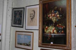 Large modern Still Life oil on canvas, portrait sketch, tapestry and two prints (5).