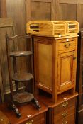 Indian carved three tier folding cakestand, pot cupboard, hardwood trunk and folding easel tray (4).