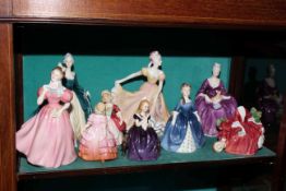 Eight Royal Doulton ladies including Charlotte, Ninette, Valerie, (one damaged).