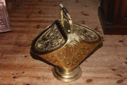 Handsome Victorian ornate one handled brass coal scuttle with double lidded compartments,