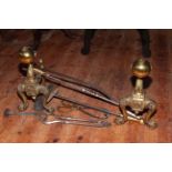 Handsome pair of Victorian brass ball and claw andirons together with five fire irons.