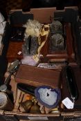 Box with collectables including inkstand, spectacle cases, WMF blotter, fans, etc.