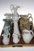 Collection of nine Victorian relief moulded jugs including Cobridge and Belleek,