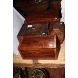 Four antique boxes including crossbanded mahogany caddy.