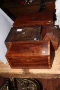 Four antique boxes including crossbanded mahogany caddy.