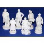 Collection of six Victorian Parian figures, four Statesmen, child merchant and gallant.