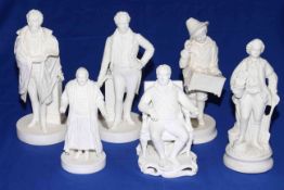 Collection of six Victorian Parian figures, four Statesmen, child merchant and gallant.