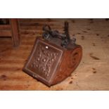 Victorian ornate twisted handled copper coal scuttle with shovel, 43cm by 46cm by 32cm.
