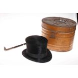 Vintage top hat with Victorian tin hat box, and hound head walking cane (2).