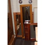 Two pine framed wall mirrors and hardwood mirror-shelf unit (3).