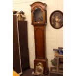 Early 19th Century oak longcase clock case, brass arched dial signed R.