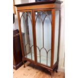 Edwardian mahogany and chequer inlaid two door vitrine on cabriole legs, 98.5cm by 169cm.