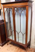 Edwardian mahogany and chequer inlaid two door vitrine on cabriole legs, 98.5cm by 169cm.