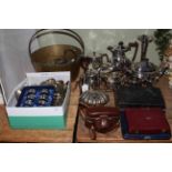 Collection of silver plated wares including teapot, coffee pot, cutlery, milk jugs, shell dish,