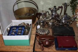 Collection of silver plated wares including teapot, coffee pot, cutlery, milk jugs, shell dish,