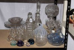 Collection of crystal, Millefiori paperweights and glass including lamp, decanters, Parlane shade,