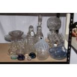 Collection of crystal, Millefiori paperweights and glass including lamp, decanters, Parlane shade,