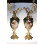 Pair large ornate gilt metal mounted glass ewers, 70cm.