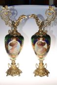 Pair large ornate gilt metal mounted glass ewers, 70cm.