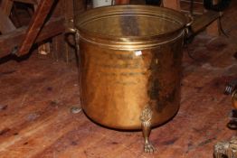 Large Victorian three footed log bin with two handles, 40cm by 39cm.