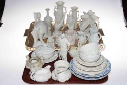 Large collection of over thirty pieces of mostly Victorian Parian wares, including hand vases,