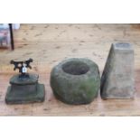 Weathered stone and cast boot scraper, weathered circular trough and stone pedestal (3).