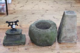 Weathered stone and cast boot scraper, weathered circular trough and stone pedestal (3).