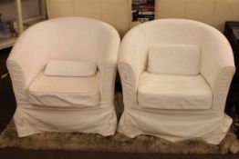 Pair contemporary tub armchairs with removable covers and skin rug (3).