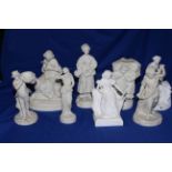 Collection of eight Victorian Parian figures including Storm, 25cm, Spring, 26cm,