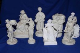 Collection of eight Victorian Parian figures including Storm, 25cm, Spring, 26cm,