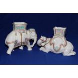 Worcester Hadley's elephant and camel vases, each with painted and gilt decoration, 19cm and 17cm.