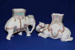 Worcester Hadley's elephant and camel vases, each with painted and gilt decoration, 19cm and 17cm.