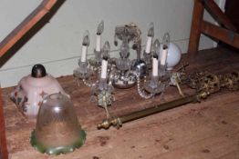 Six branch glass chandelier, three glass shades, ornate brass light holders and a brass rail (7).