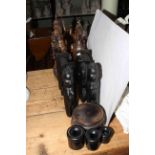 Pair carved wood equestrian warriors together with ebony figures, vase stands, etc.