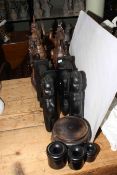 Pair carved wood equestrian warriors together with ebony figures, vase stands, etc.